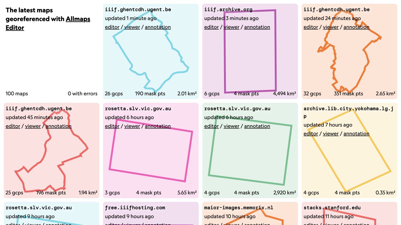 Allmaps Latest showing recent map contributions with links to Allmaps Viewer and Allmaps Editor.