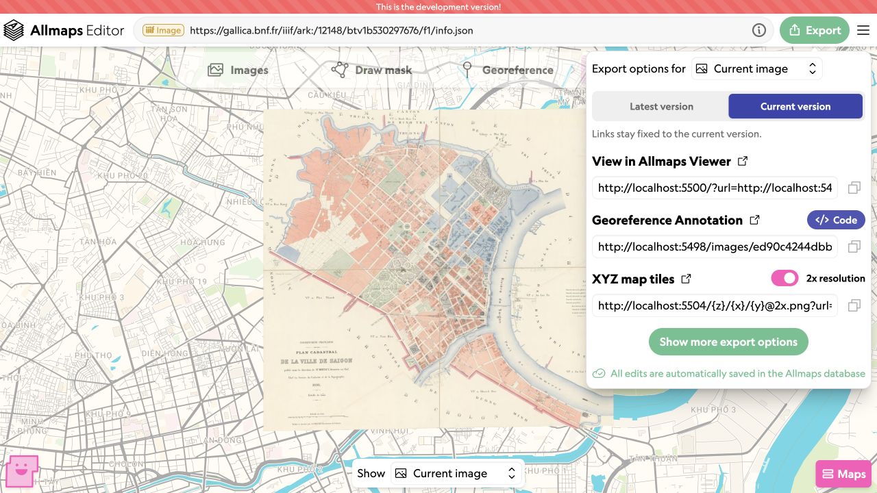 Allmaps Editor’s Results tab showing the BnF map of Saigon over a modern basemap, with the export panel outlined in pink and Current version selected.