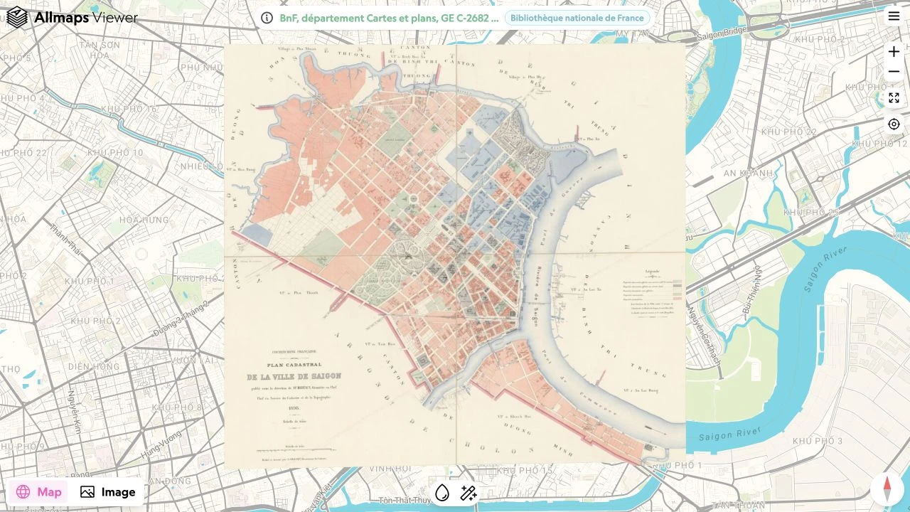 Allmaps Viewer showing the BnF map of Saigon over a modern basemap, with Map and Image controls.